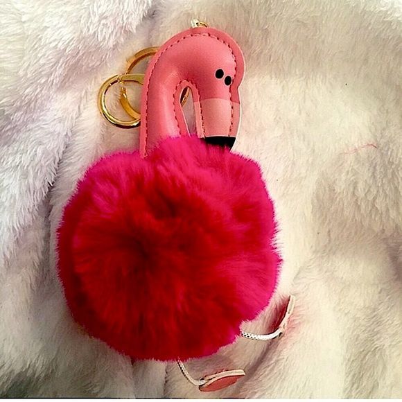 K LAST ONE! Hot Pink Fuzzy Pom Pom Flamingo Keychain - Picture 2 of 5